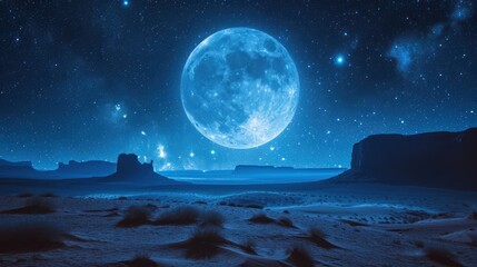  a large blue moon in the middle of a night sky with a mountain range in the distance and stars in the sky.