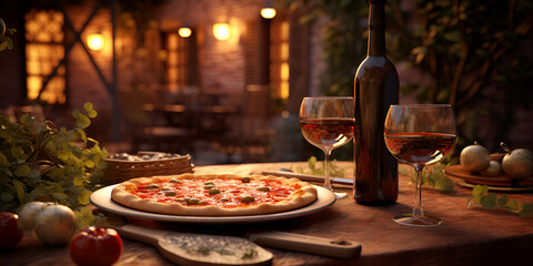 Romantic candlelit dinner for two with a heart shaped pizza and glasses of wine AI Generative 

