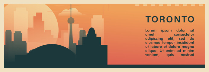 Toronto city brutalism vector banner with skyline, cityscape. Canada, Ontario province metropolitan retro horizontal illustration, travel layout for web presentation, header, footer