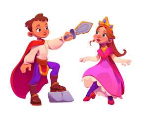 Kids in carnival costume. Cartoon vector cute children dressed in fairytale clothes. Little girl princess in pink puffy dress, red shoes and golden crown on head. Boy knight with sword and cloak.