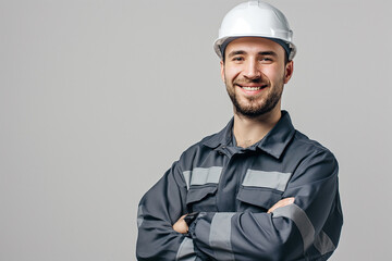 Confident male engineer worker happy smile on gray background - obrazy, fototapety, plakaty