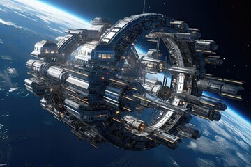 A massive space station orbiting a distant planet generative ai