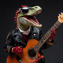 ギターを弾く恐竜　ジェネレーティブ AI 　AI画像