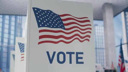 Establishing Arc Footage of an American Flag on a Voting Booth in an Empty Modern Polling Station in a Financial District. Elections Day Concept with Patriotic United States of America Visuals