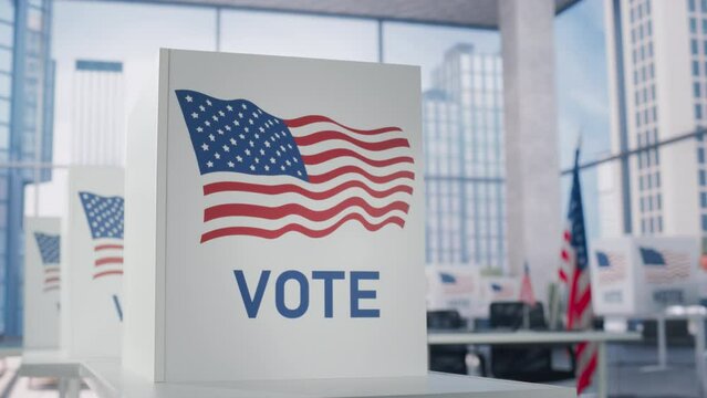 Elections Day Establishing Footage. Modern Polling Place with Voting Booths With American Flag in Business Center. Official Presidential Elections in Democratic United States of America