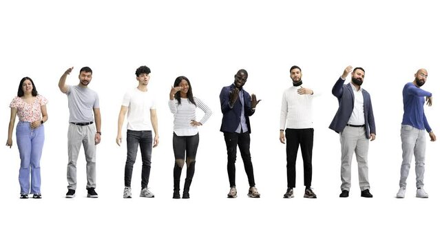 A group of people, in full height, on a white background, are invited to their place