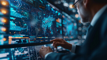 Fototapeta premium Data science, business intelligence. Business man using computer devices with internet global network technology and big data, cloud computing, AI software 
