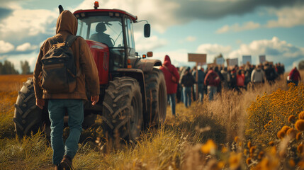 tractor in field with protester,International farmer protest concept