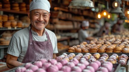  a man in an apron standing in front of a display of doughnuts and pastries in a bakery.