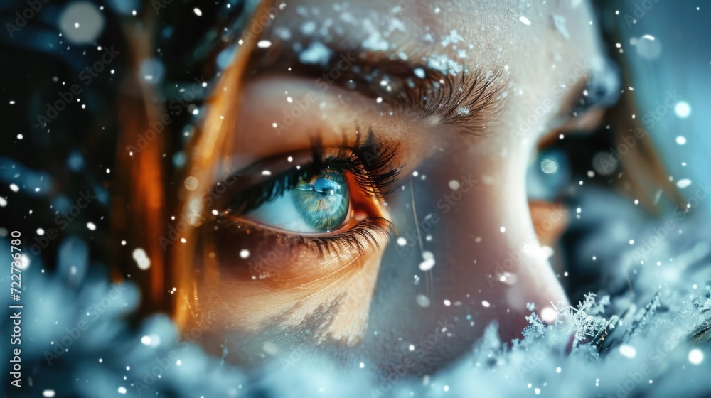 Poster  a close up of a woman's eye with snow on the ground and snow flakes all around her.