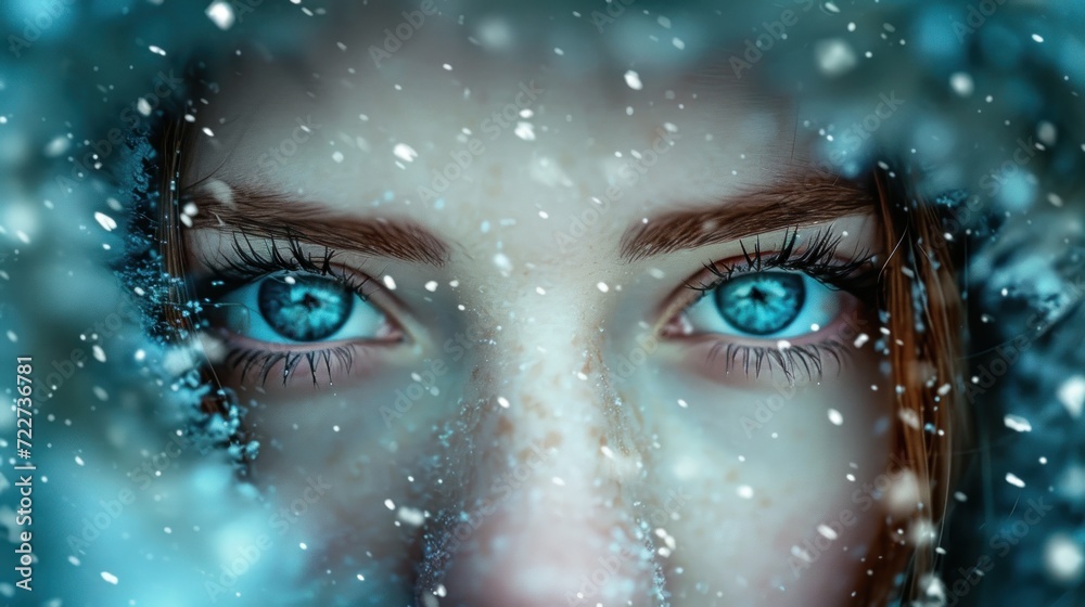 Poster  a close up of a woman's face with blue eyes and snow flakes on the ground behind her.