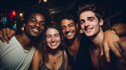 Fototapeta premium Friends of different nationalities take selfies at a party. Friendship and relationships.