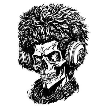 skull wearing headphones black and white clip art preview