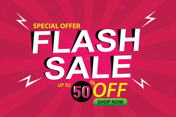 Flash Sale Pink Yellow Banner or poster vector graphic illustration for web and social media with text Special Offer and discount up to 50% percent off, Shop Now 