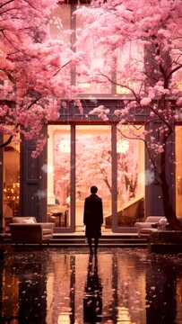 Blossom Threshold: A Man Enters the House Amongst Cherry Blossoms