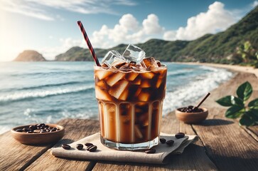 an iced coffee beverage in a tall glass, filled with ice cubes and rich, cold coffee