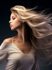 Fototapeta premium Attractive woman in light clothes with long wavy hair on a black background. Hair care. Fashion and beauty.