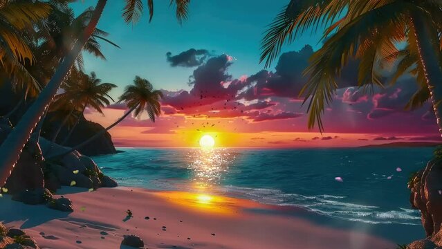 Tropical Sunset or Sunrise with Palm Trees, Beach and Water-Sunset or Sunrise on The Beach - Cartoon or Anime Illustration Style. Seamless Looping 4 K Time-Lapse Virtual Video Animation Background