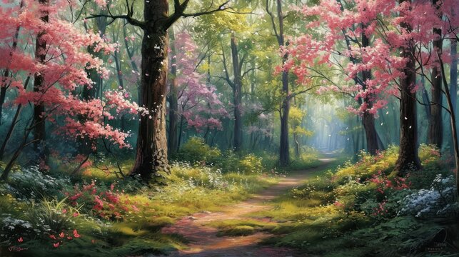 a painting of a path in the middle of a forest with trees and flowers on both sides of the path.