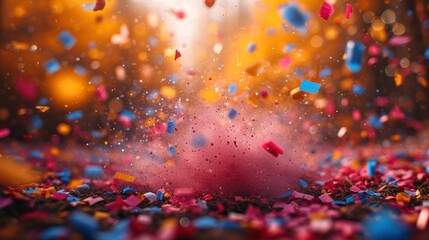  a colorful explosion of confetti and streamers of pink, blue, yellow, and red on a black background.