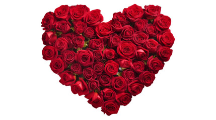 A heart-shaped arrangement of red roses on a white background, symbolizing love and affection.
