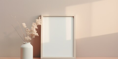 A customizable blank mockup with a wood frame is placed on a table alongside a white ceramic vase, with sunlight streaming in, creating a visually appealing setting for creative customization.