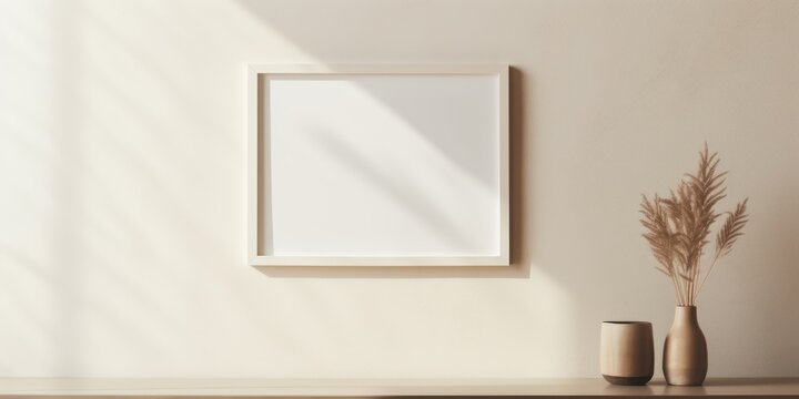 In this blank mockup for customization, the off-white color frame seamlessly blends with the same color wall, with sunlight streaming in.