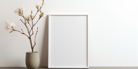 In this clean and simple setup, a small white frame blank mockup for customization rests against a white wall on the floor, accompanied by a white flower pot.