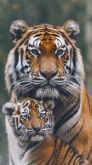 Portrait of a male tiger with a little tiger cub, background image, generative AI
