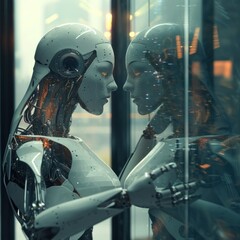 Fototapeta premium Robot AI Artificial Intelligence looks into a mirror and points at its reflection. augmented reality computer