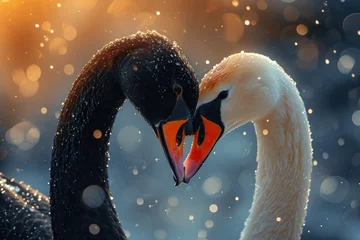 Foto auf Acrylglas Serene embrace: two swans in love, a graceful display of adoration and unity in the swanst's affectionate bond, a symbol of tranquility and everlasting companionship in the natural world. © Ruslan Batiuk