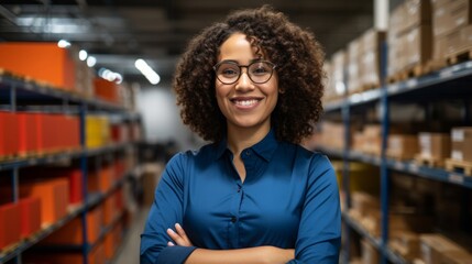 Portrait of a cheerful young female warehouse employee with arms crossed standing confidently.