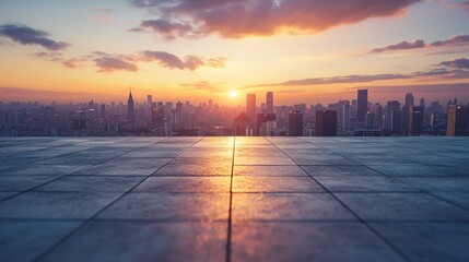 photograph of empty concrete floors blur city skyline at sunset panoramic view. telephoto lens...