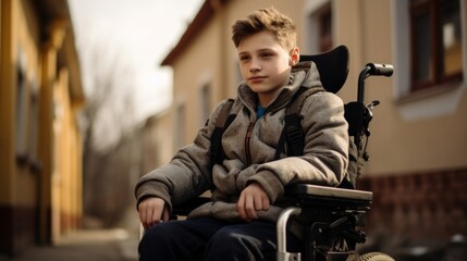 Fototapeta na wymiar A confident teenager in a wheelchair on a quiet residential road, portraying independence and everyday life challenges.