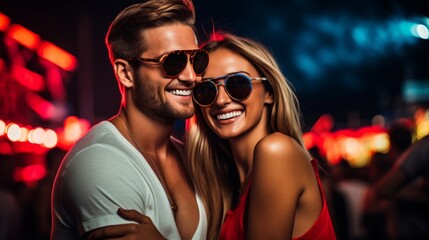 Fashionable young couple embracing, wearing sunglasses at a vibrant nightclub with neon lights.