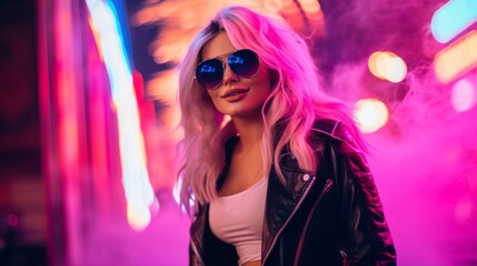 Trendy young woman in sunglasses posing under neon city lights at night.