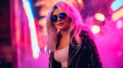 Naklejka premium Trendy young woman in sunglasses posing under neon city lights at night.