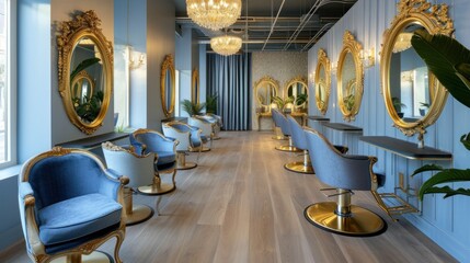 Fototapeta na wymiar Hair salon, gold and blue, floor cushions, delicate chairs, gold-rimmed mirrors, wooden floors, soft lighting, literary