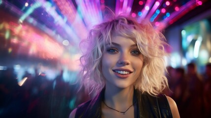 Young blonde woman with curly hair enjoying a night out with colorful club lighting.