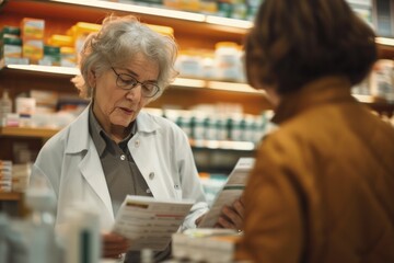 Senior pharmacist works with colleagues to advise on drug selection in the pharmacy.