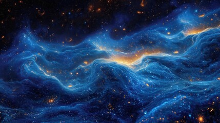  a computer generated image of a blue and yellow swirl in the center of a dark blue space filled with stars.