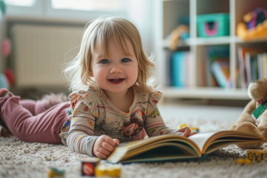 Happy toddler girl reading a book at home