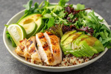 Grilled chicken, quinoa, avocado, and leafy greens for muscle building and overall health