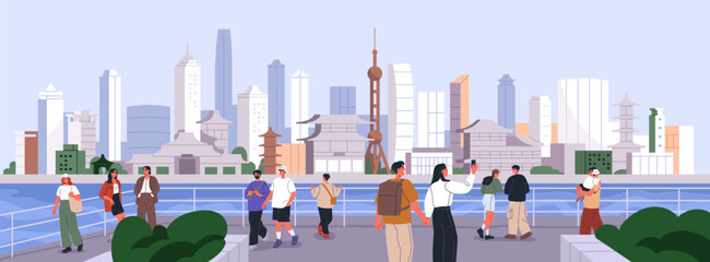 People in China city. Chinese cityscape, urban panorama. Tourists walking in Shanghai center, street. Asian oriental architecture, buildings, skyscrapers, pagoda, towers. Flat vector illustration
