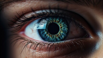 A close up of a person's eye with a blue iris. Generative AI.