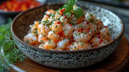  a bowl filled with shrimp and garnish on top of a wooden table next to other bowls of food.