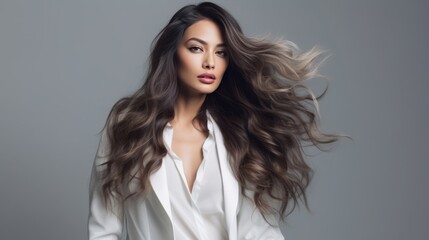 Fototapeta premium Attractive woman in a white business suit with long wavy hair. Hair care. Fashion and beauty.