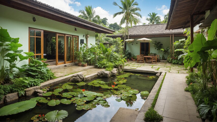 The terrace next to the house has a fish pond in front of it and taro plants with large green leaves grow, and another tropical garden also grows around the pond.