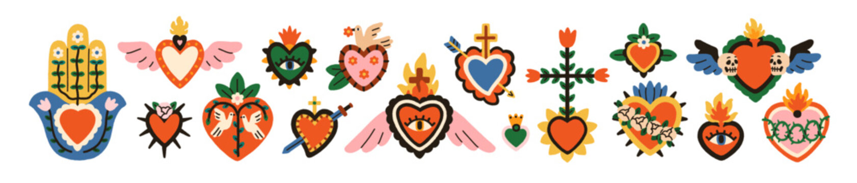 Sacred Mexican hearts set. Vintage Mexico love symbols. Retro holy spiritual corazon designs in fire, burning flame, crown, eye, wings, skulls. Flat vector illustrations isolated on white background