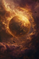 Golden Globe surrounded by Clouds and the Moon in the style of Gothic Dark and Ornate Decoration - Luxury Purple and Bronze Light focused Style Background created with Generative AI Technology